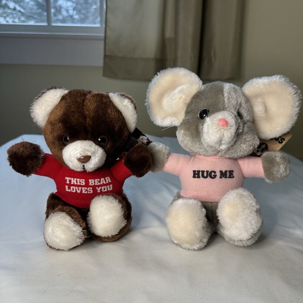 Vintage 1979 Russ Set Of 2 Valentines Saying Luv Pets RARE Mouse & Bear RARE!